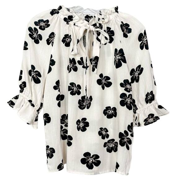 Who What Wear Women's Floral Print Ruffle Tie Neck Blouse Black Ivory Size Small - Picture 1 of 10